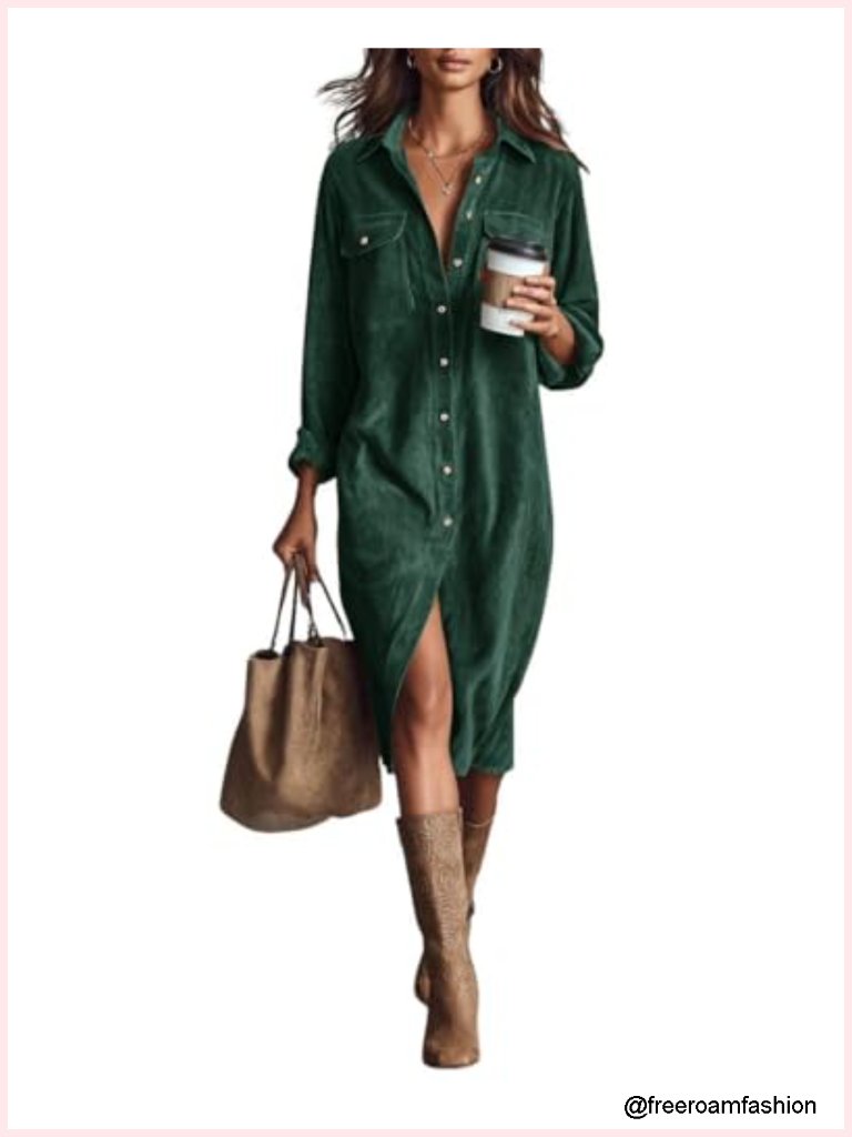 Corduroy Button Down Shirt Dress A-Line Midi Pleated Shift Dress Casual